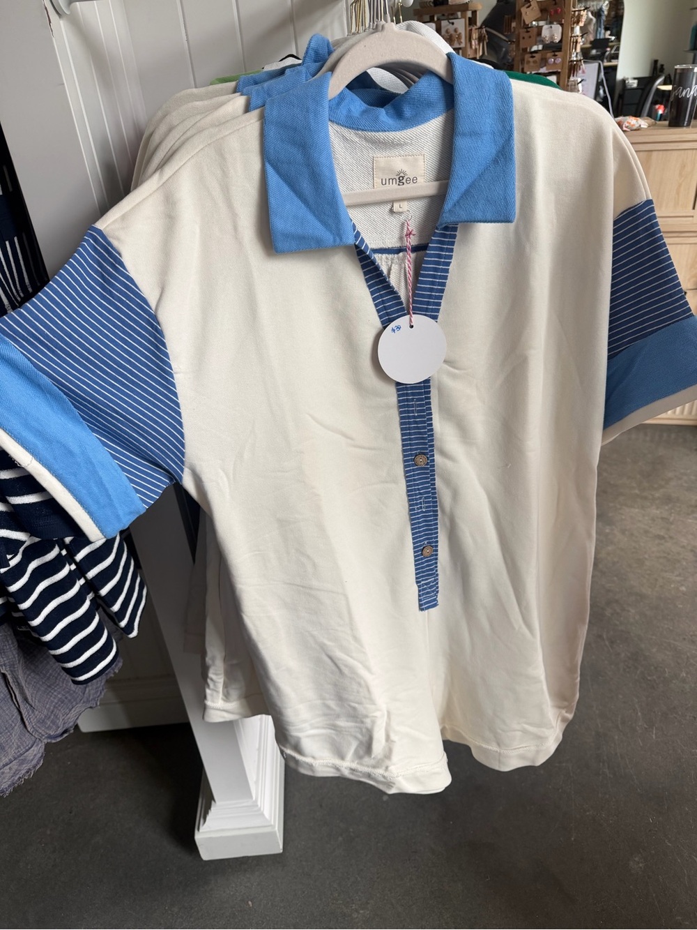 Umgee Cream and Light Blue Polo-Style Romper